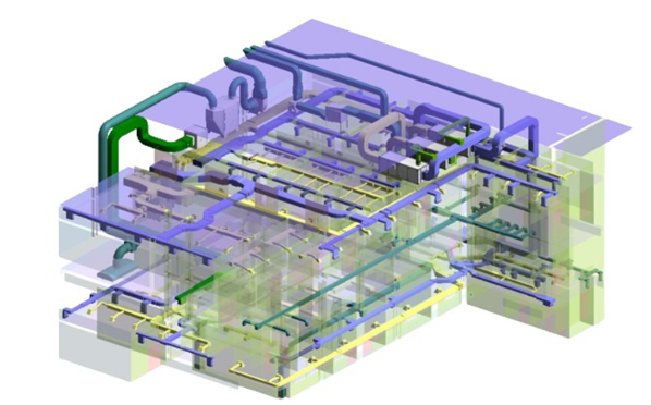 Modelo BIM tridimensional com redes de climatização, dutos e tubulações