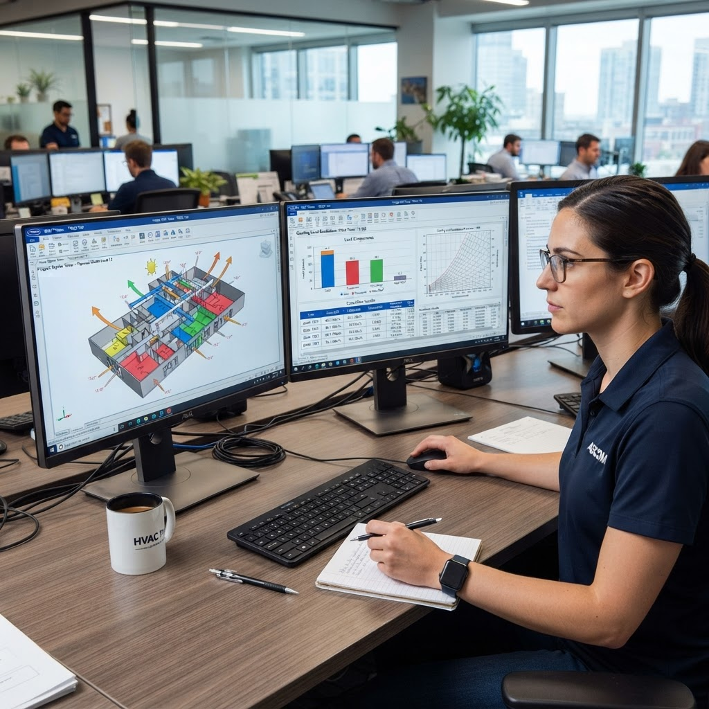 Engenheiro calculando carga térmica em software com modelo do edifício