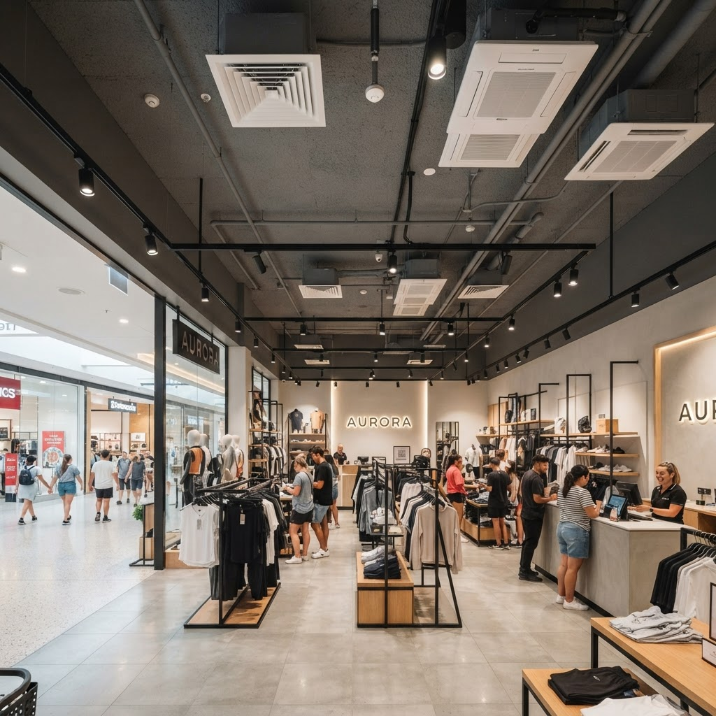 Loja comercial climatizada em shopping com difusores no forro