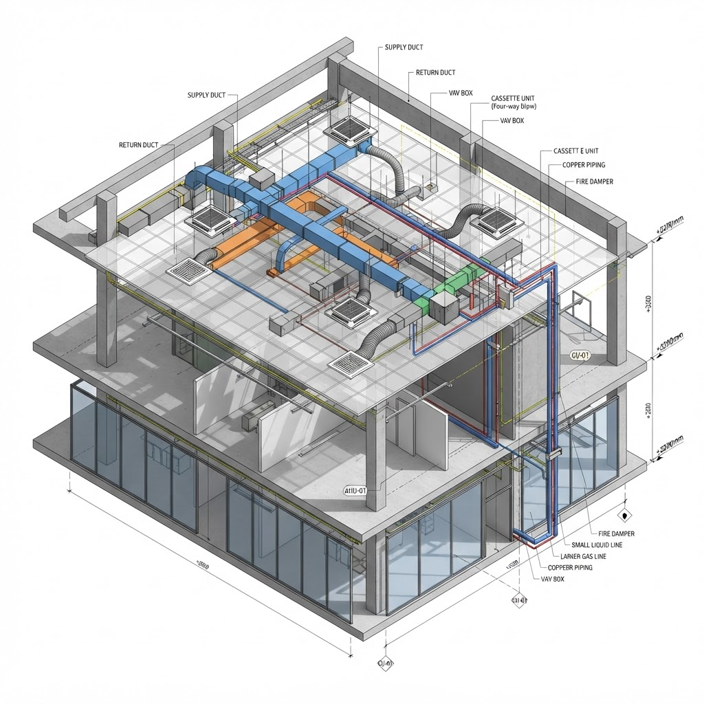 Modelo 3D em Revit/BIM de rede de dutos e equipamentos de ar-condicionado