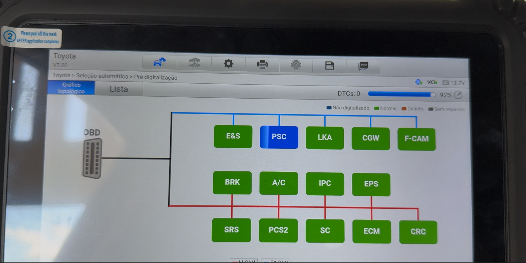 Scanner automotivo exibindo o mapa topológico dos módulos eletrônicos do veículo